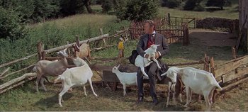 Movie still from “Doctor Dolittle” (1967), directed by Richard Fleischer – A man sitting on a bench holding a goat; Wide shot, High angle