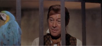 Movie still from “Doctor Dolittle” (1967), directed by Richard Fleischer – A person behind a metal fence; Close Up shot, High angle