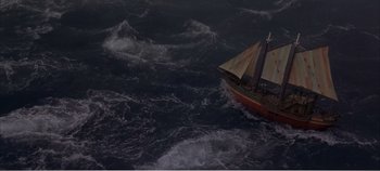 Movie still from “Doctor Dolittle” (1967), directed by Richard Fleischer – A boat in the middle of the ocean; Extreme Wide shot, Overhead angle