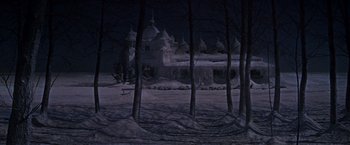 Movie still from “Doctor Zhivago” (1965), directed by David Lean – A snowy night scene with trees and a building; Extreme Wide shot, Low angle