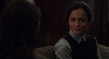 Movie still from “The New Mutants” (2020), directed by Josh Boone – A woman sitting in front of another person; Close Up shot, Over the shoulder angle