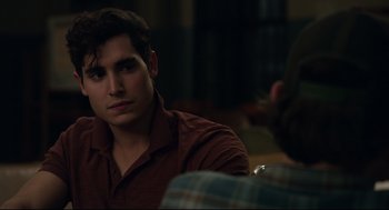 Movie still from “The New Mutants” (2020), directed by Josh Boone – A man sitting in front of another man in front of a window; Close Up shot, Over the shoulder angle