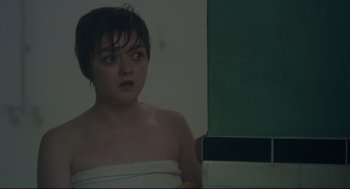 Movie still from “The New Mutants” (2020), directed by Josh Boone – A woman in a towel looking in a mirror; Medium shot, Over the shoulder angle