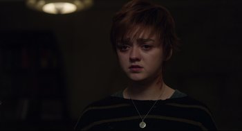 Movie still from “The New Mutants” (2020), directed by Josh Boone – A young woman with a scar on her face; Close Up shot, Over the shoulder angle