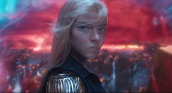 Movie still from “The New Mutants” (2020), directed by Josh Boone – A woman with long blonde hair wearing a leather jacket; Close Up shot, Low angle