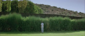 Movie still from “Dogtooth” (2009), directed by Yorgos Lanthimos – A man standing in front of a hedge; Extreme Wide shot, Low angle