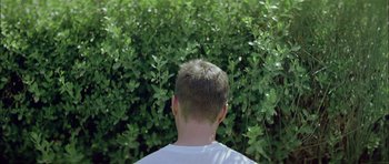 Movie still from “Dogtooth” (2009), directed by Yorgos Lanthimos – A man with a white shirt is in front of a bush; Close Up shot, High angle