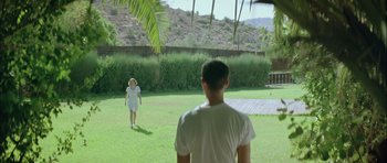 Movie still from “Dogtooth” (2009), directed by Yorgos Lanthimos – A man and a woman are playing frisbee in a yard; Extreme Wide shot, High angle