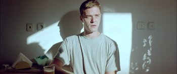 Movie still from “Dogtooth” (2009), directed by Yorgos Lanthimos – A man in a grey t - shirt is standing in the sunlight; Medium shot, Low angle