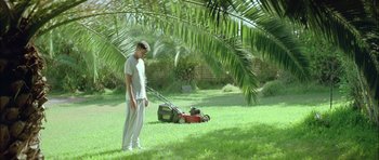 Movie still from “Dogtooth” (2009), directed by Yorgos Lanthimos – A young man is standing in the grass with a lawnmower; Wide shot, Low angle