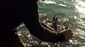 Movie still from “Dolphin Tale” (2011), directed by Charles Martin Smith – A person holding onto a crab trap in the water; Medium shot, High angle