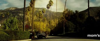 Movie still from “Domino” (2005), directed by Tony Scott – A car driving down a street next to tall palm trees; Extreme Wide shot, Low angle