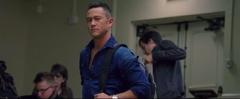 Movie still from “Don Jon” (2013), directed by Joseph Gordon-Levitt – A person wearing a blue shirt; Close Up shot, Over the shoulder angle
