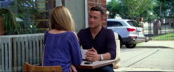 Movie still from “Don Jon” (2013), directed by Joseph Gordon-Levitt – A man and a woman are sitting at a table talking; Medium shot, Over the shoulder angle