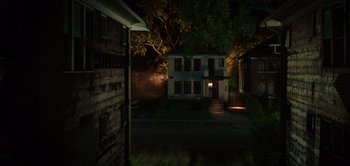 Movie still from “Don't Breathe” (2016), directed by Fede Alvarez – A night time photo of a house in the middle of the night; Extreme Wide shot, High angle