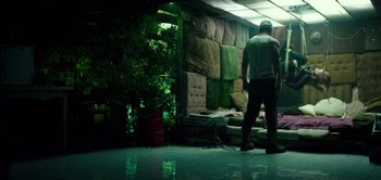 Movie still from “Don't Breathe” (2016), directed by Fede Alvarez – A man standing next to a plant in a room; Wide shot, Low angle