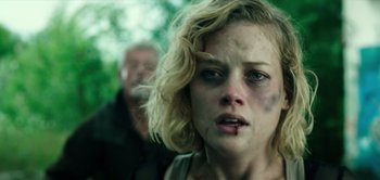 Movie still from “Don't Breathe” (2016), directed by Fede Alvarez – A person with makeup on their face; Close Up shot, Low angle