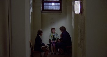 Movie still from “Don't Look Now” (1973), directed by Nicolas Roeg – A group of people sitting in a room; Wide shot, High angle