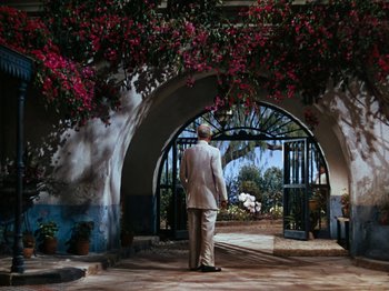 Movie still from “Down Argentine Way” (1940), directed by Irving Cummings – A man standing in front of an open gate; Wide shot, Over the shoulder angle