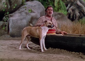 Movie still from “Dr. Cyclops” (1940), directed by Ernest B. Schoedsack – A man sitting next to a dog on the beach; Wide shot, Low angle
