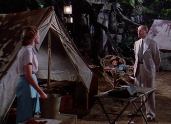Movie still from “Dr. Cyclops” (1940), directed by Ernest B. Schoedsack – A man and a woman standing in front of a tent in the woods; Wide shot, High angle