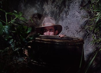 Movie still from “Dr. Cyclops” (1940), directed by Ernest B. Schoedsack – A man in a hat is peeking out from behind a barrel; Wide shot, High angle