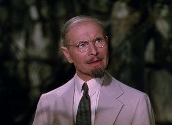 Movie still from “Dr. Cyclops” (1940), directed by Ernest B. Schoedsack – An old man with a beard and a mustache; Close Up shot, Low angle