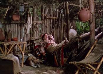 Movie still from “Dr. Cyclops” (1940), directed by Ernest B. Schoedsack – A man sitting in a chair next to a dog in a hut; Wide shot, High angle