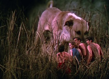 Movie still from “Dr. Cyclops” (1940), directed by Ernest B. Schoedsack – A group of people in a field with a dog in the background; Wide shot, Low angle