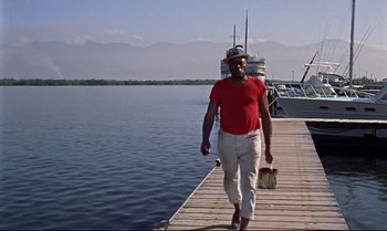 Movie still from “Dr. No” (1962), directed by Terence Young – A man walking on a pier near the water; Wide shot, Low angle