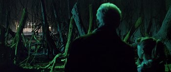 Movie still from “Dr. Who and the Daleks” (1965), directed by Gordon Flemyng – An older man is looking at a forest at night; Wide shot, Over the shoulder angle