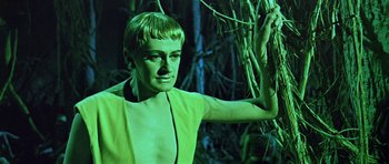 Movie still from “Dr. Who and the Daleks” (1965), directed by Gordon Flemyng – A man in a yellow shirt standing next to a tree; Close Up shot, High angle