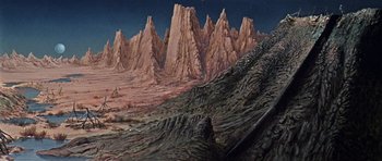 Movie still from “Dr. Who and the Daleks” (1965), directed by Gordon Flemyng – A painting of a desert landscape with mountains in the background; Extreme Wide shot, High angle