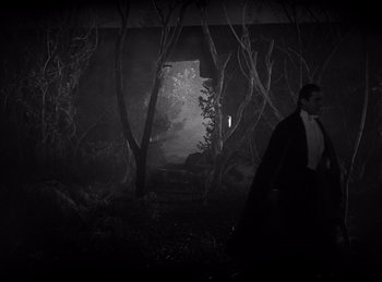 Movie still from “Dracula” (1931), directed by Tod Browning – A man in a suit walking through a dark forest at night; Extreme Wide shot, High angle