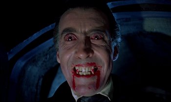 Movie still from “Horror of Dracula” (1958), directed by Terence Fisher – A person with blood on their face; Close Up shot, Overhead angle