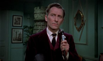 Movie still from “Horror of Dracula” (1958), directed by Terence Fisher – A man holding a microphone while wearing a suit and tie; Close Up shot, Over the shoulder angle