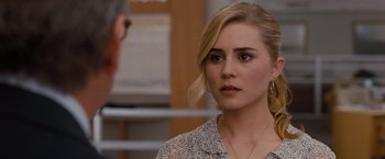 Movie still from “Drag Me to Hell” (2009), directed by Sam Raimi – A woman with blonde hair wearing a white and black shirt; Close Up shot, Over the shoulder angle