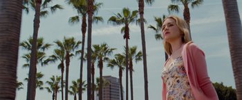 Movie still from “Drag Me to Hell” (2009), directed by Sam Raimi – A woman standing in front of palm trees on a beach; Medium shot, Low angle