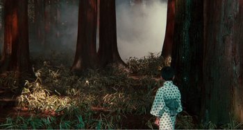 Movie still from “Dreams” (1990), directed by Akira Kurosawa – A woman in a kimono standing in front of some trees; Extreme Wide shot, High angle