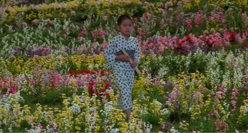 Movie still from “Dreams” (1990), directed by Akira Kurosawa – A young girl is standing in a field of flowers; Extreme Wide shot, High angle