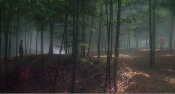 Movie still from “Dreams” (1990), directed by Akira Kurosawa – A forest filled with lots of trees and purple flowers; Extreme Wide shot, High angle