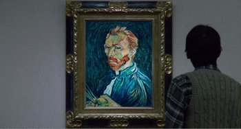 Movie still from “Dreams” (1990), directed by Akira Kurosawa – A painting of vincent van gogh is displayed in a gold frame; Close Up shot, Low angle
