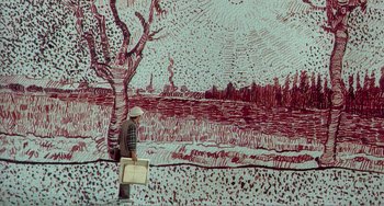 Movie still from “Dreams” (1990), directed by Akira Kurosawa – A man holding a painting in front of a tree; Extreme Wide shot, Low angle