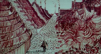 Movie still from “Dreams” (1990), directed by Akira Kurosawa – A person walking down a street with a painting on the wall behind them; Extreme Wide shot, Overhead angle