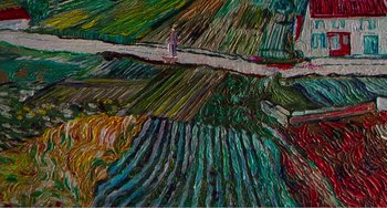 Movie still from “Dreams” (1990), directed by Akira Kurosawa – An oil painting of a person walking on a path in a field; Extreme Close Up shot, High angle