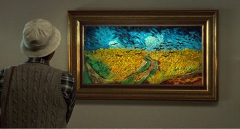 Movie still from “Dreams” (1990), directed by Akira Kurosawa – A painting of a wheat field with birds flying in the sky; Medium shot, Low angle