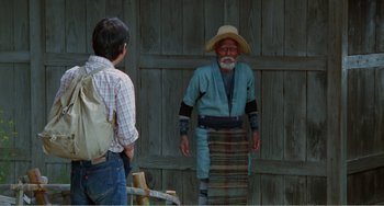 Movie still from “Dreams” (1990), directed by Akira Kurosawa – An older man wearing a hat and a plaid shirt; Wide shot, Over the shoulder angle