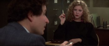 Movie still from “Dressed to Kill” (1980), directed by Brian De Palma – A man and a woman sitting at a dinner table; Medium shot, Over the shoulder angle