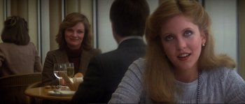 Movie still from “Dressed to Kill” (1980), directed by Brian De Palma – Two women and a man sitting at a dinner table; Close Up shot, Over the shoulder angle