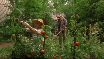 Movie still from “Driving Miss Daisy” (1989), directed by Bruce Beresford – Two people in a field of tomatoes with trees in the background; Medium shot, High angle